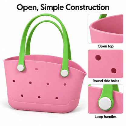 Pink and green basket showing its open rim, round side holes and white handle fixings