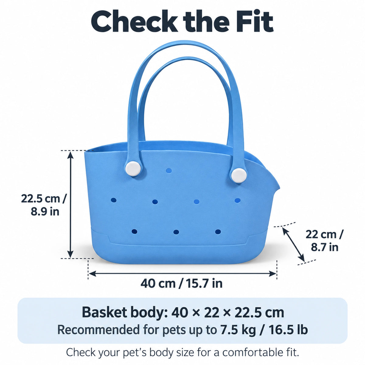 Pet carrier basket body dimensions: 40 by 22 by 22.5 cm, with supplier pet-weight guidance up to 7.5 kg