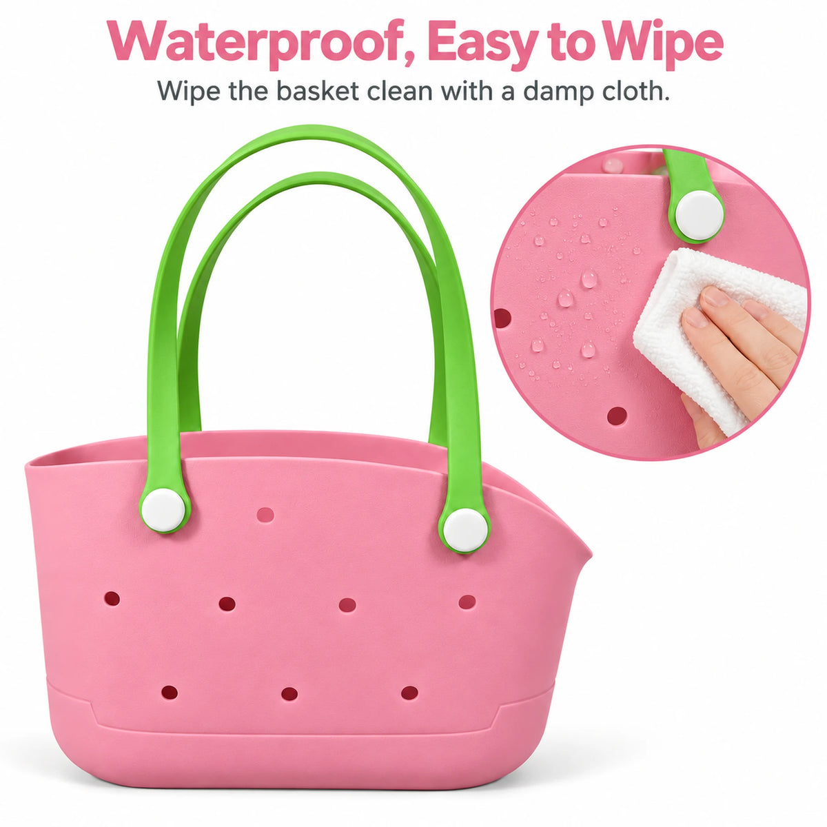 Waterproof pink pet carrier basket with green handles and a damp-cloth cleaning detail