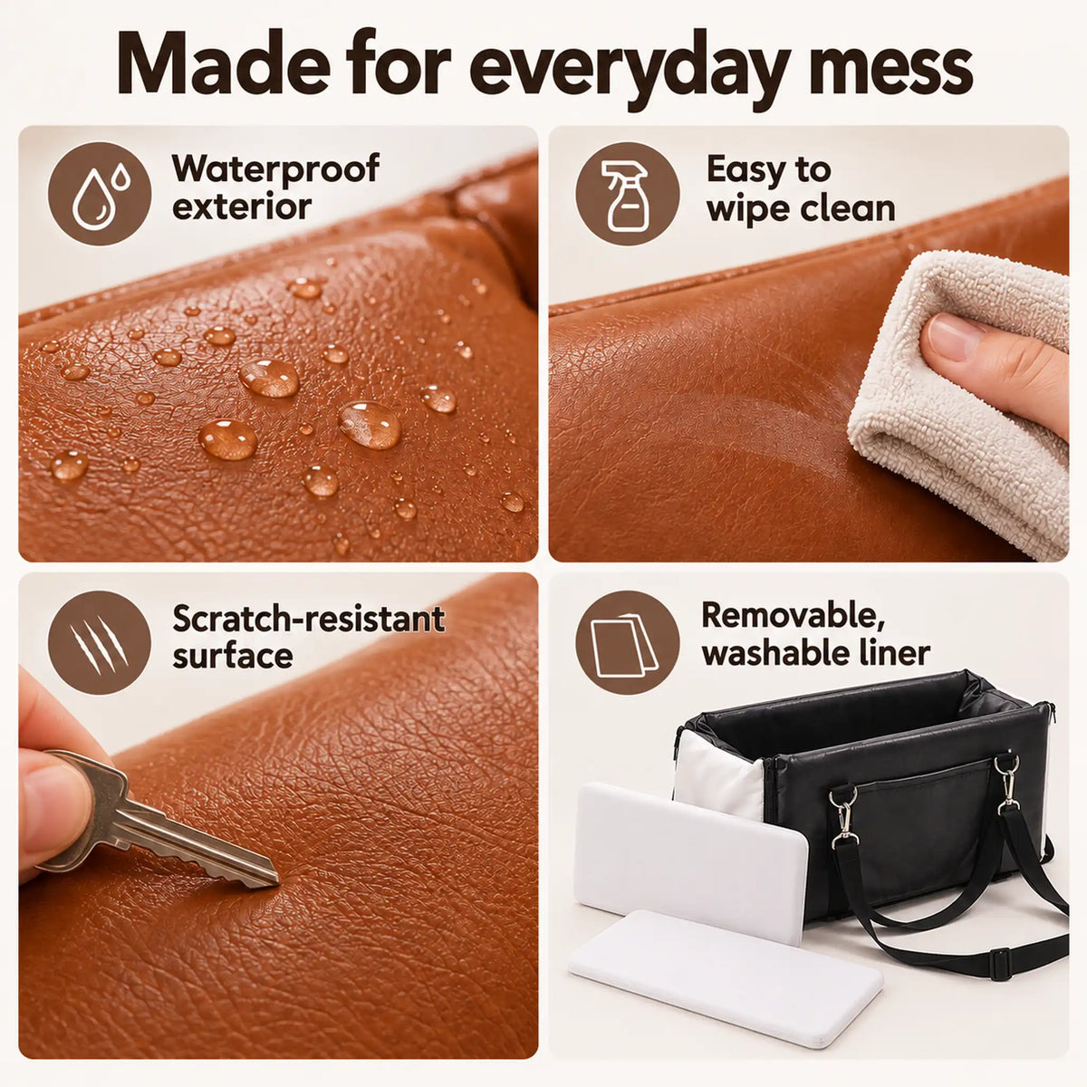 Waterproof wipe-clean exterior, scratch-resistant surface and removable washable liner of the console pet carrier