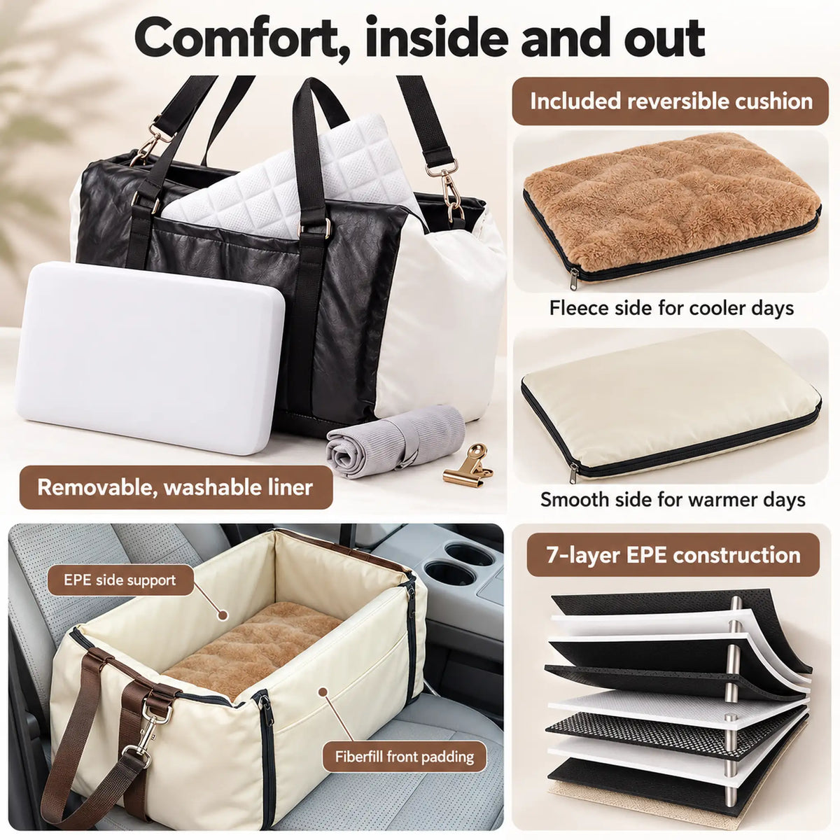 Removable liner, reversible fleece and smooth cushion, EPE side support and fiberfill front padding