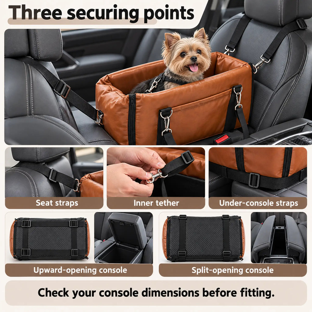 Console pet carrier seat straps, inner tether and underside straps for upward-opening or split-opening consoles