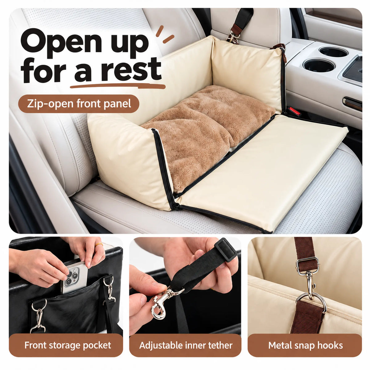Beige pet carrier opened into a resting pad, with close-ups of the front pocket, adjustable tether and metal hooks