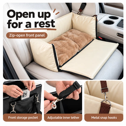 Beige pet carrier opened into a resting pad, with close-ups of the front pocket, adjustable tether and metal hooks