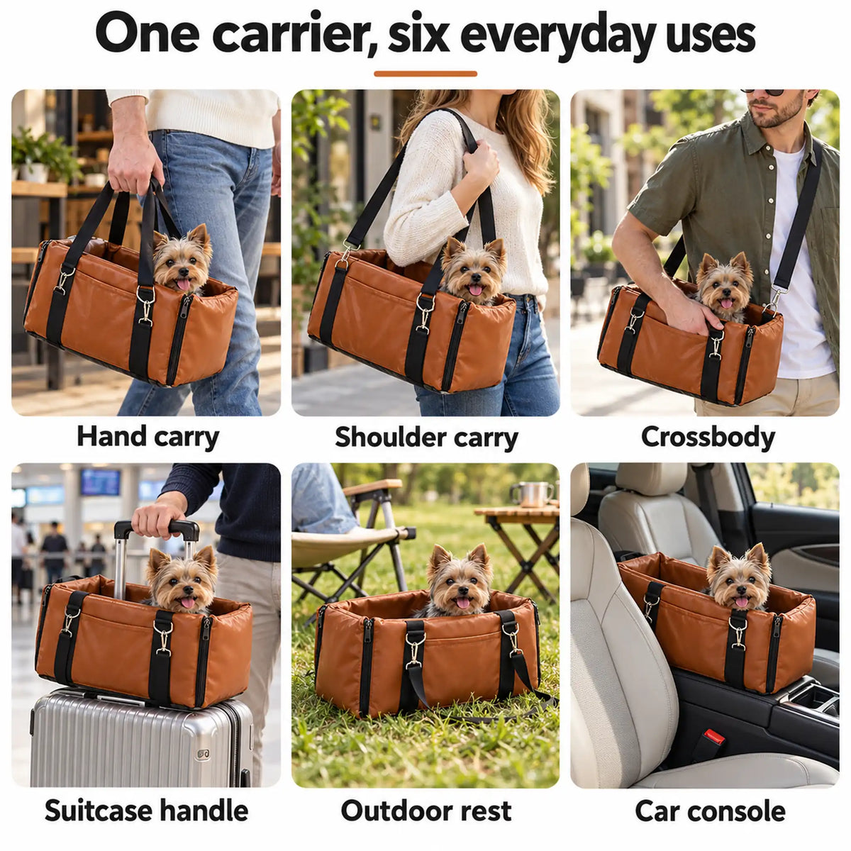 Mocha Brown pet carrier shown for hand, shoulder, crossbody, suitcase, outdoor rest and car console use