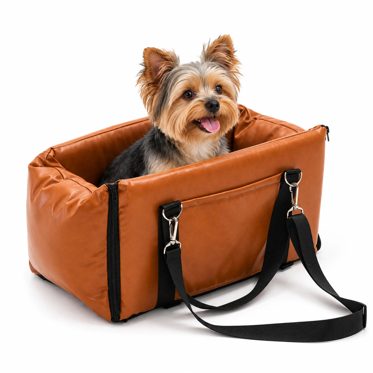 Mocha Brown console pet carrier with a small Yorkshire Terrier, black straps and metal snap hooks