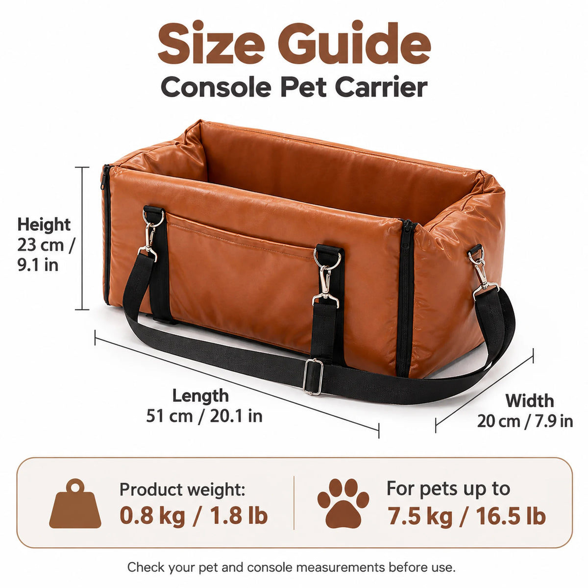 Console pet carrier size guide: length 51 cm, width 20 cm, height 23 cm; product weight 0.8 kg; pets up to 7.5 kg