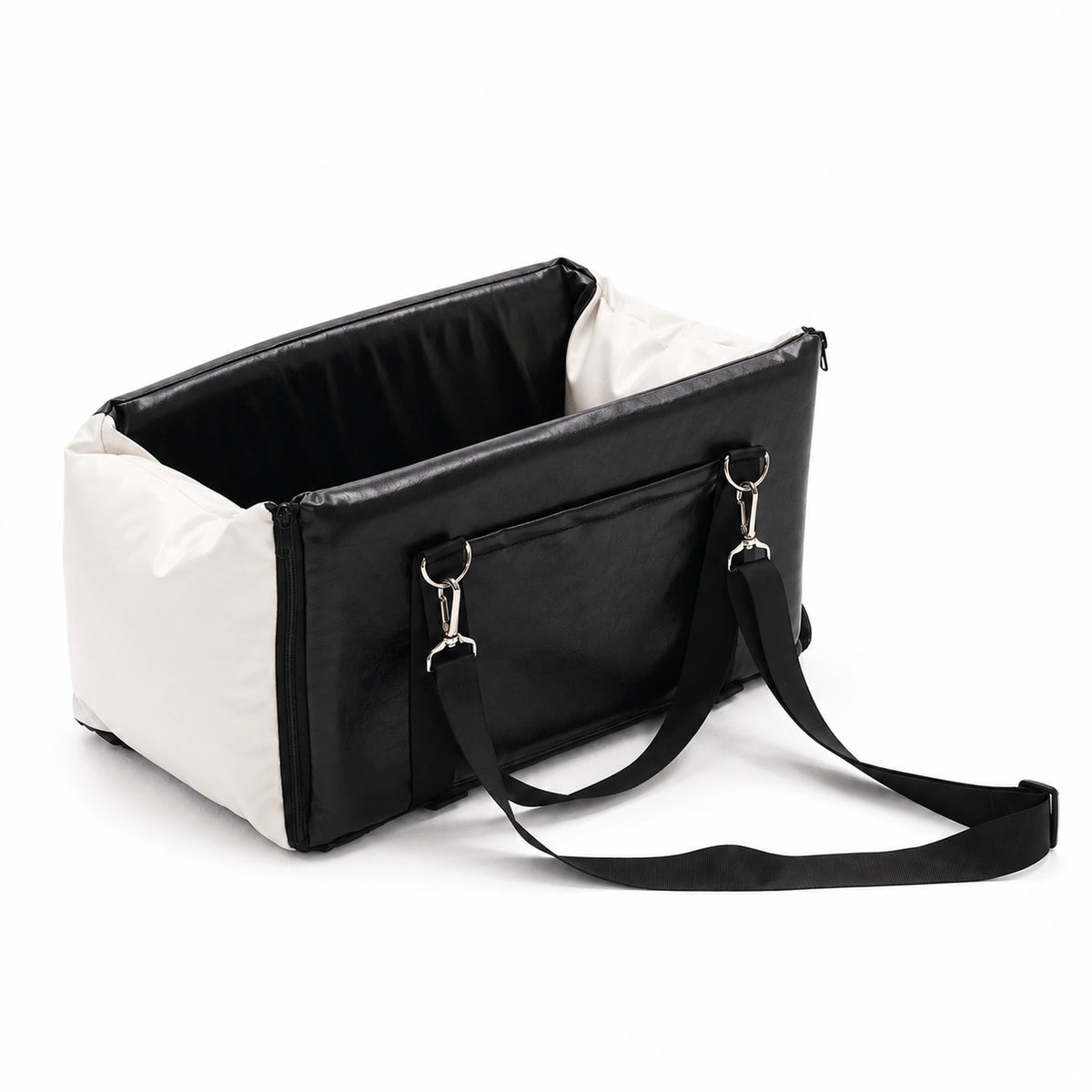 Black & White console pet carrier with white end panels and black carry straps