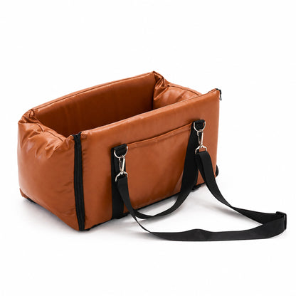 Mocha Brown console pet carrier with black straps, a front pocket and two vertical zippers
