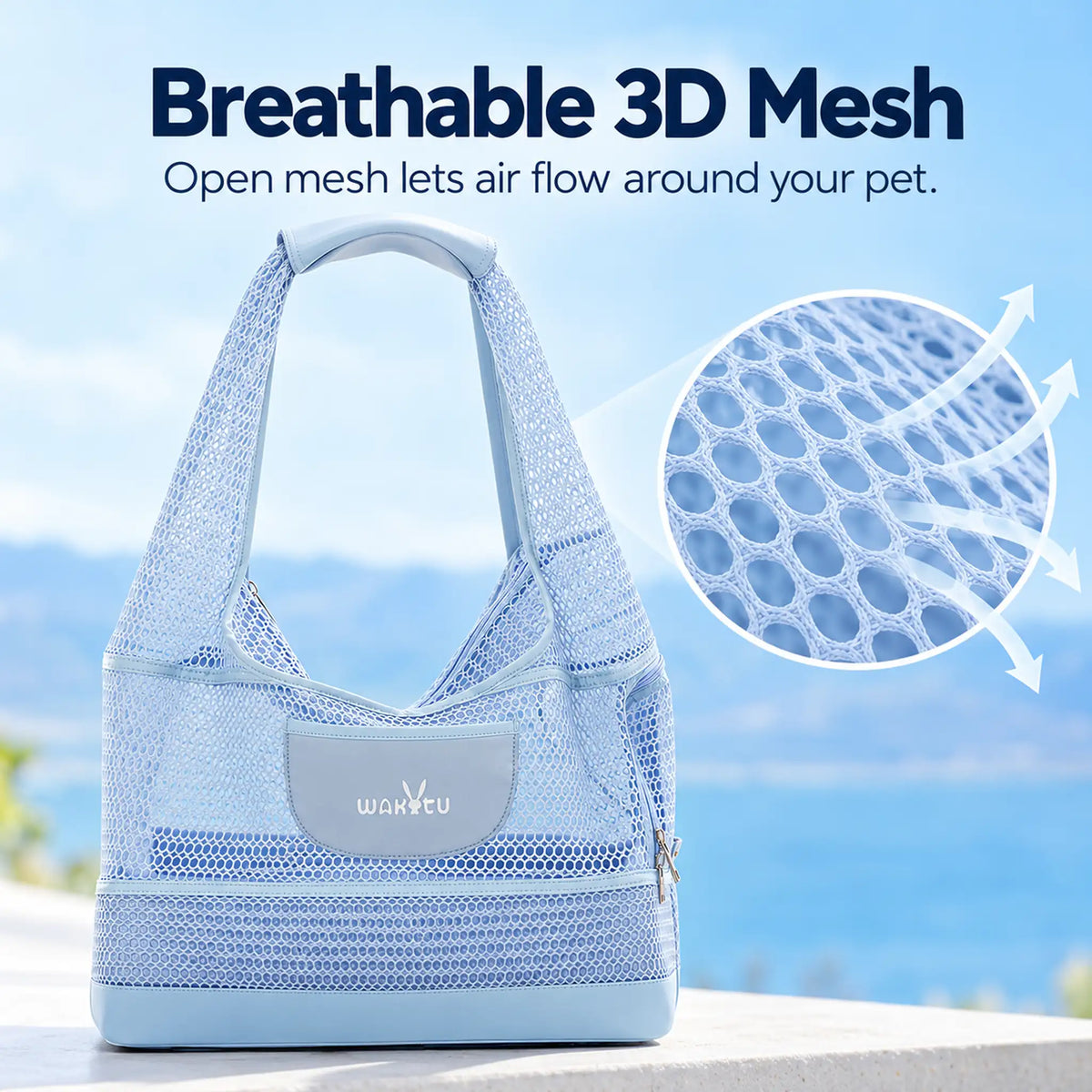 Sky Blue pet carrier with an open honeycomb mesh close-up illustrating airflow through the bag