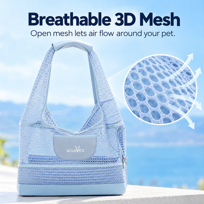 Sky Blue pet carrier with an open honeycomb mesh close-up illustrating airflow through the bag