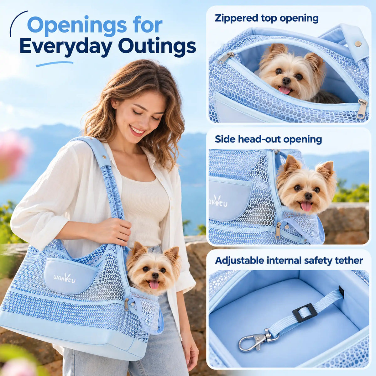 Mesh pet carrier showing its zippered top, side head-out opening and adjustable internal safety tether