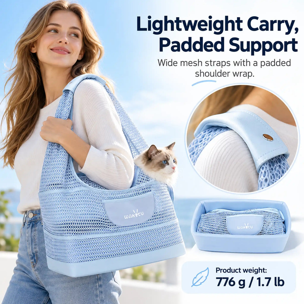 Woman carrying a cat in the mesh shoulder carrier with a padded wrap close-up and 776 g product weight
