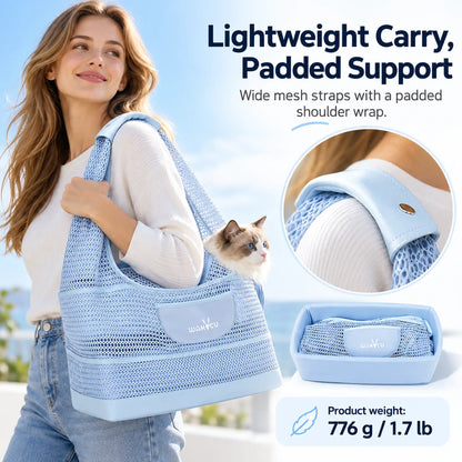 Woman carrying a cat in the mesh shoulder carrier with a padded wrap close-up and 776 g product weight