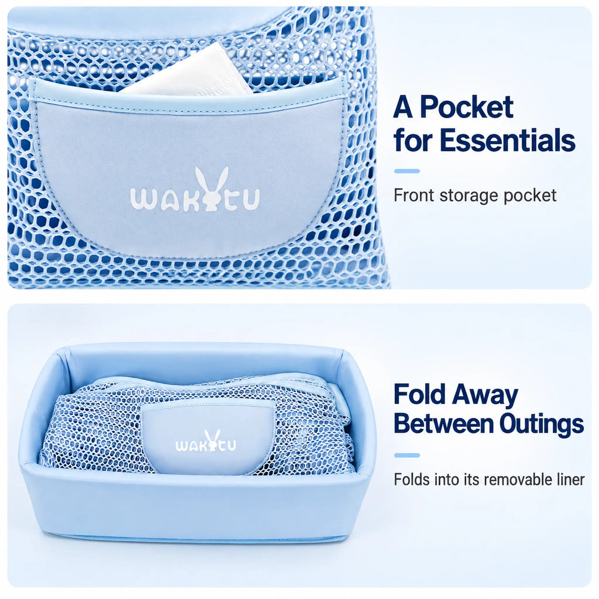 Curved front storage pocket with tissues and the mesh carrier folded into its removable liner