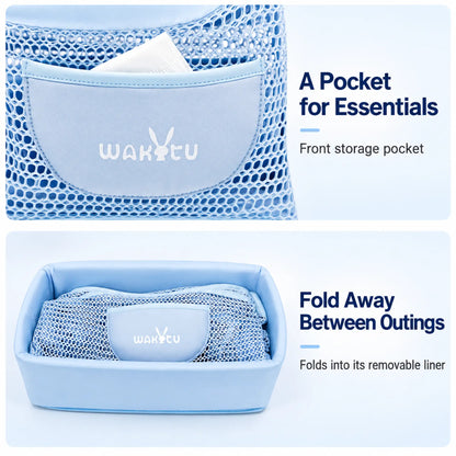 Curved front storage pocket with tissues and the mesh carrier folded into its removable liner