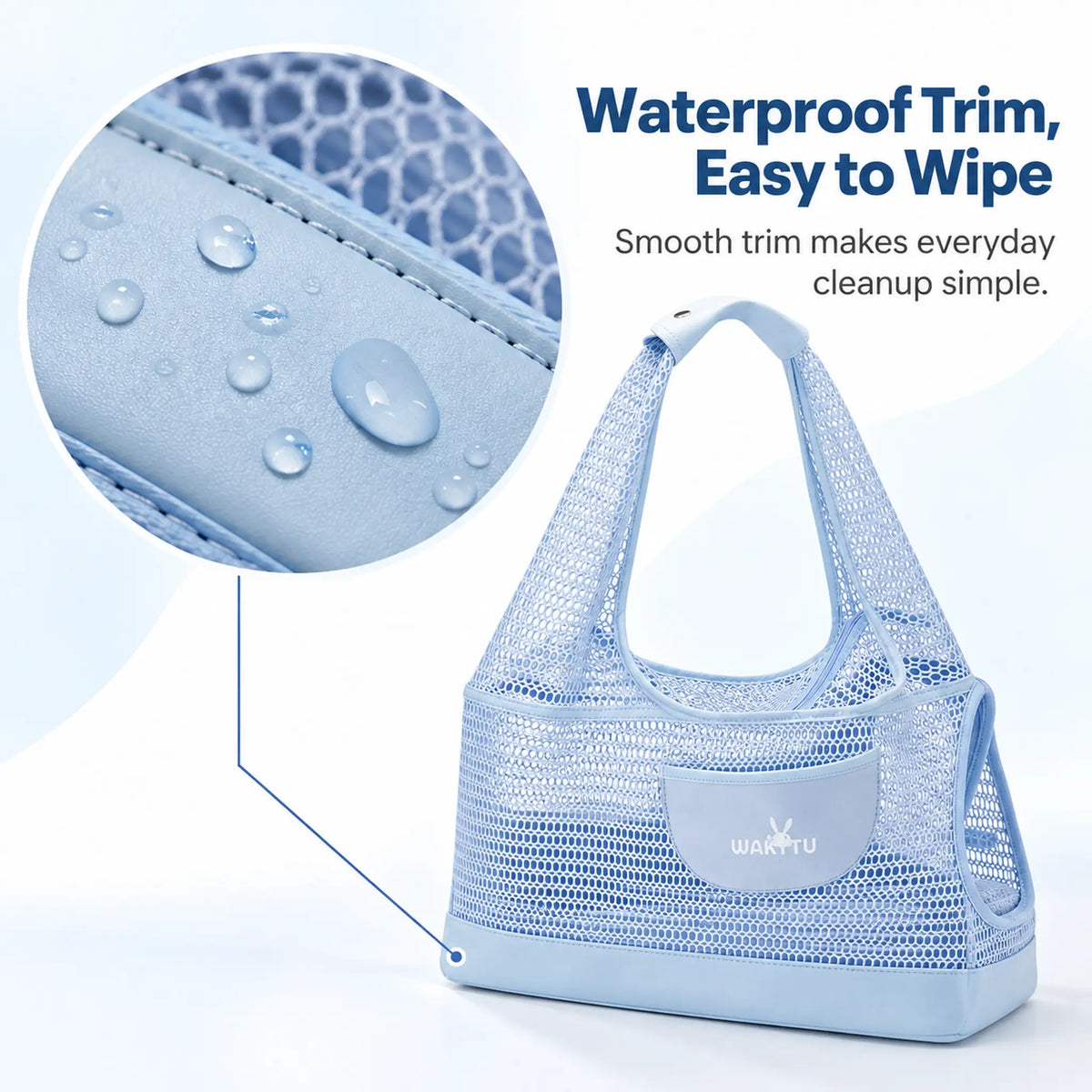 Water droplets on the smooth waterproof trim beside the Sky Blue mesh shoulder pet carrier