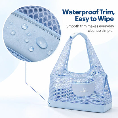Water droplets on the smooth waterproof trim beside the Sky Blue mesh shoulder pet carrier