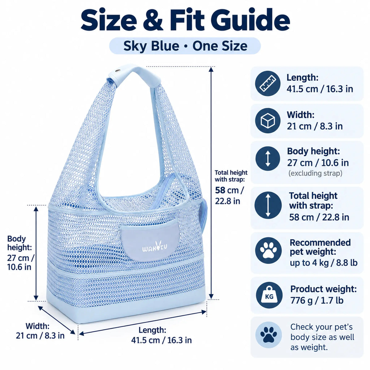 Size guide for the mesh carrier: 41.5 by 21 by 27 cm body, 58 cm total height, up to 4 kg pets and 776 g weight