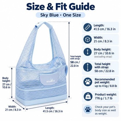 Size guide for the mesh carrier: 41.5 by 21 by 27 cm body, 58 cm total height, up to 4 kg pets and 776 g weight
