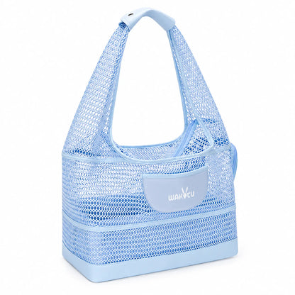 Sky Blue mesh shoulder pet carrier showing its wide mesh straps, padded shoulder wrap and curved front pocket