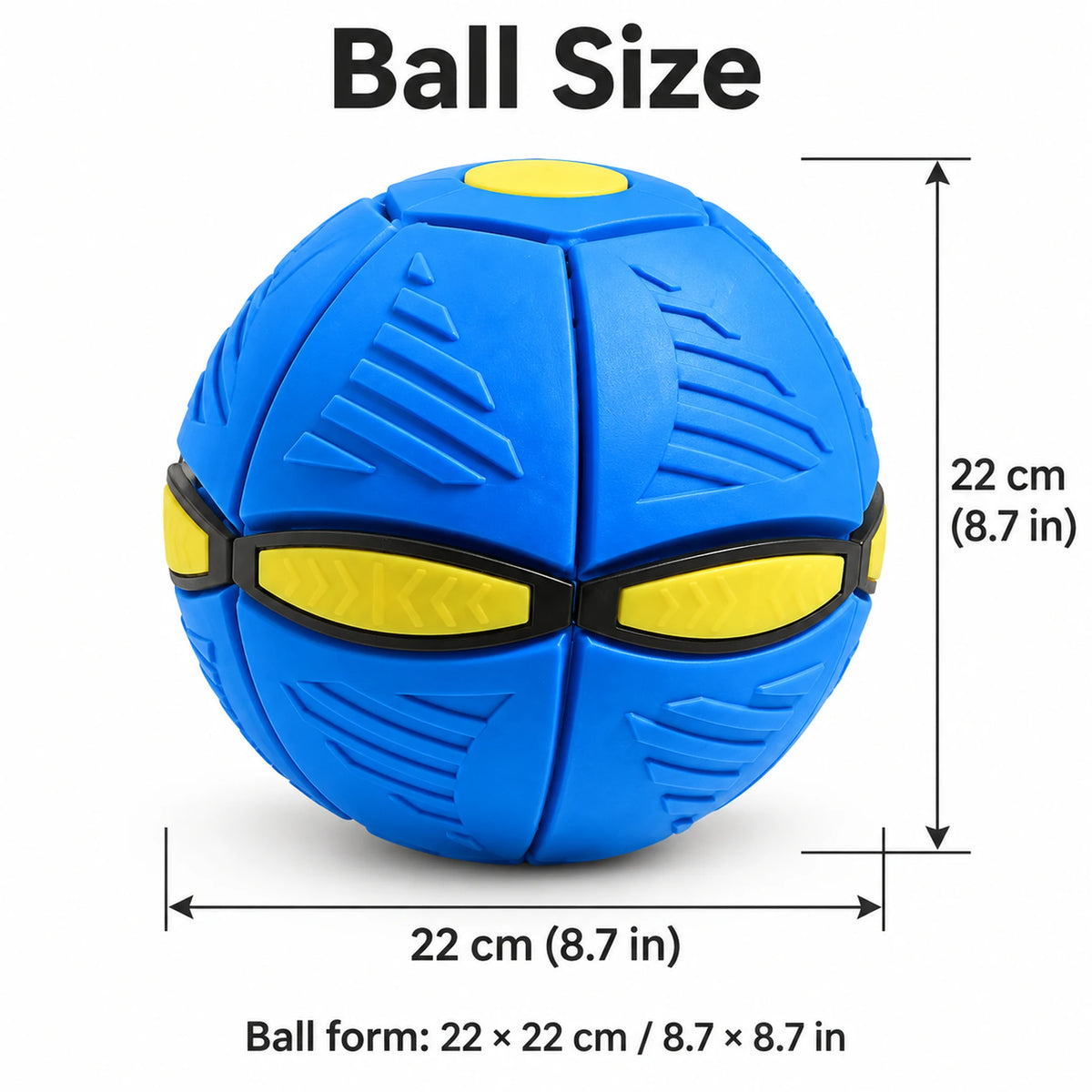 Blue UFO transforming dog toy in ball form, showing width and height of 22 cm (8.7 in).