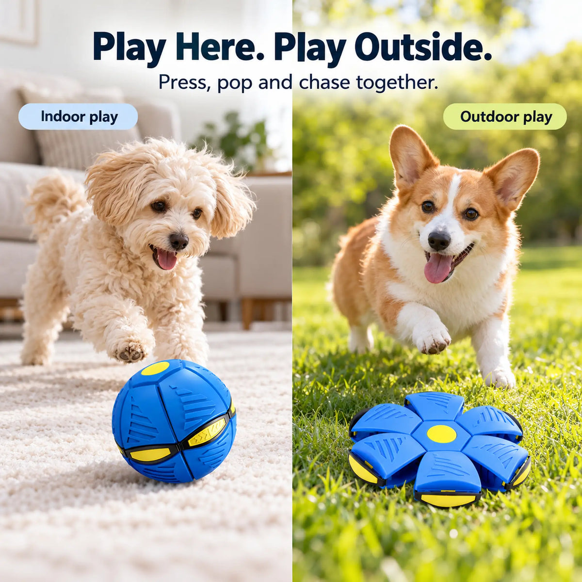 Maltipoo playing with the blue ball indoors and Corgi chasing the blue disc outdoors.