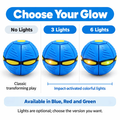 Blue UFO dog ball comparison showing No Lights, 3 Lights and 6 Lights versions.