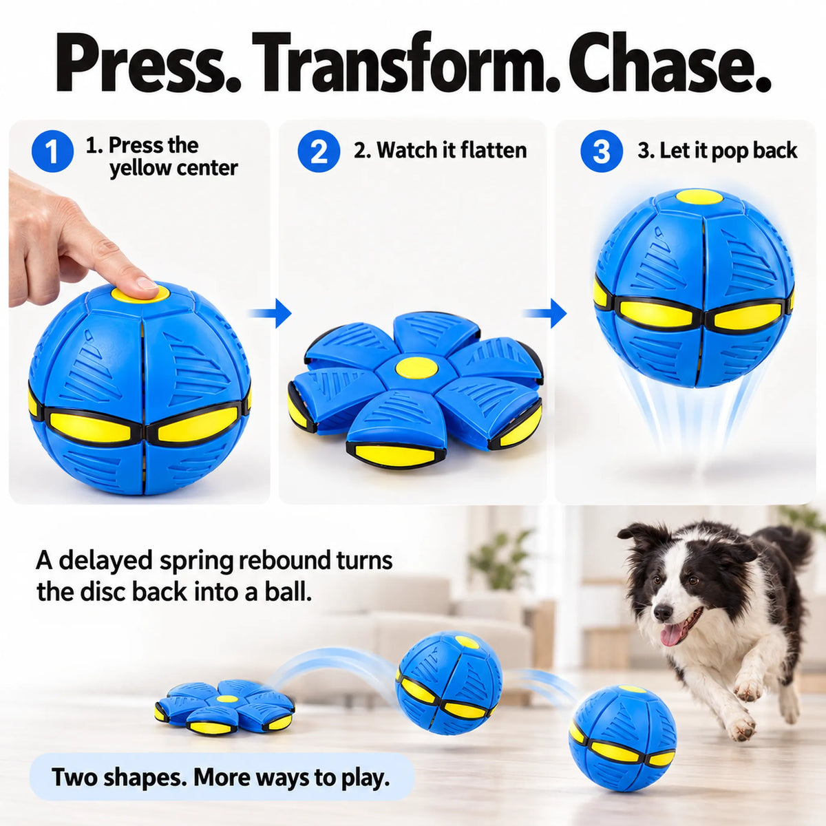 Three-step guide showing yellow-center pressing, a flat disc and delayed rebound into a ball.