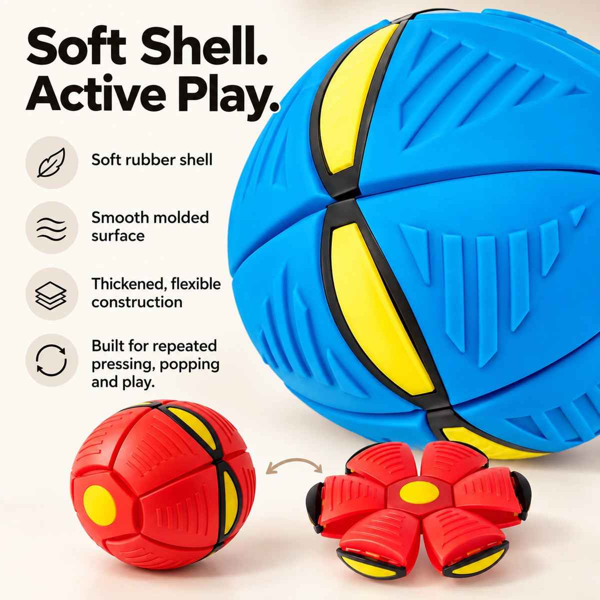 Blue soft rubber shell close-up with molded ribs and red ball-to-disc construction detail.