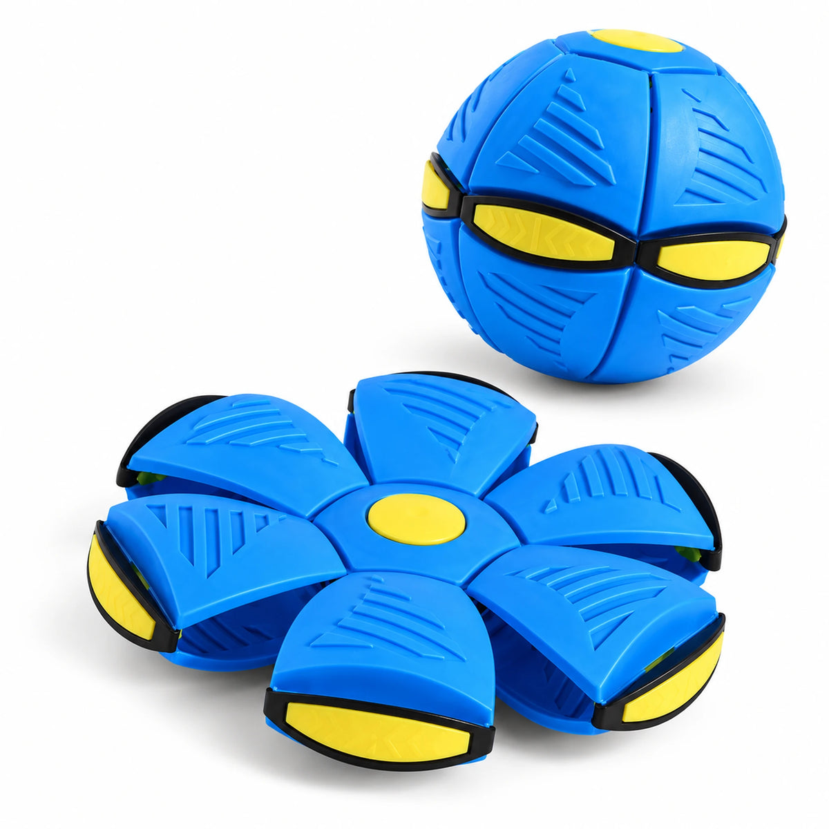 Blue UFO transforming dog ball and its flat disc shape with yellow inserts and black connections.
