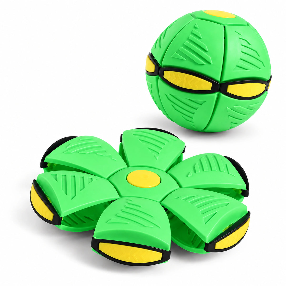 Green UFO transforming dog ball and its flat disc shape with yellow inserts and black connections.