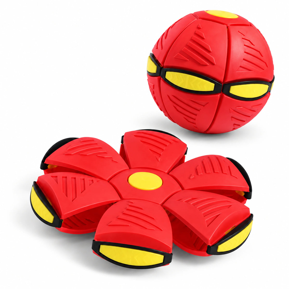Red UFO transforming dog ball and its flat disc shape with yellow inserts and black connections.