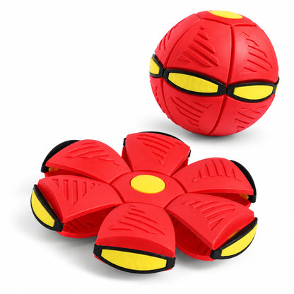 Red UFO transforming dog ball and its flat disc shape with yellow inserts and black connections.