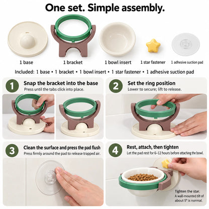 Five included pet bowl components and four assembly and wall-mounting steps