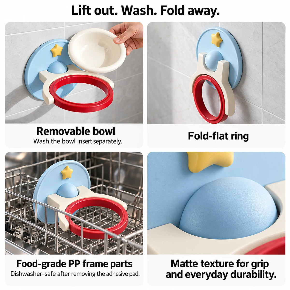 Removable ceramic bowl, ring folded down and PP frame cleaning instructions