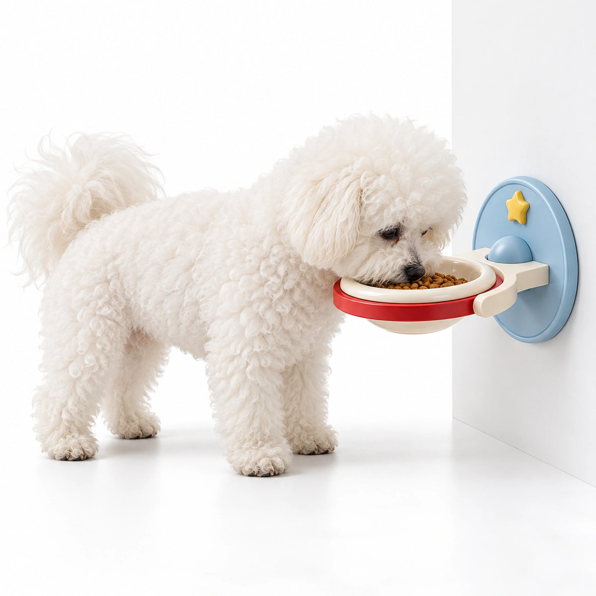 Bichon Frise eating from a red and blue wall-mounted ceramic pet bowl on a white panel