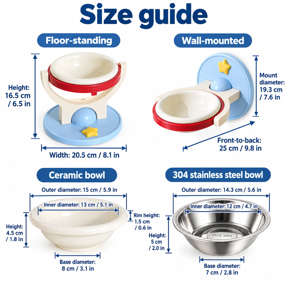 Pet bowl stand, wall mount and ceramic and stainless steel insert dimensions in centimetres and inches