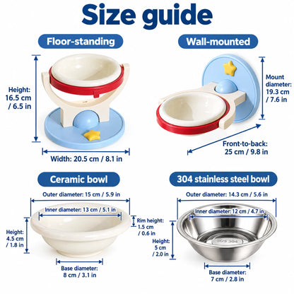 Pet bowl stand, wall mount and ceramic and stainless steel insert dimensions in centimetres and inches