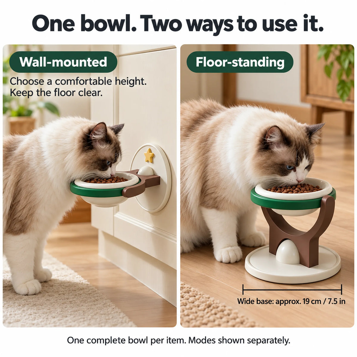Brown and green ceramic pet bowl shown in wall-mounted and floor-standing configurations