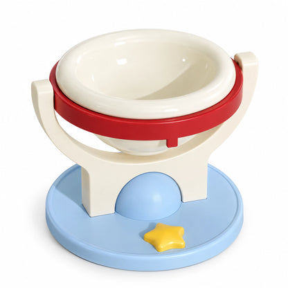 Red and blue floor-standing pet bowl with a removable cream ceramic insert
