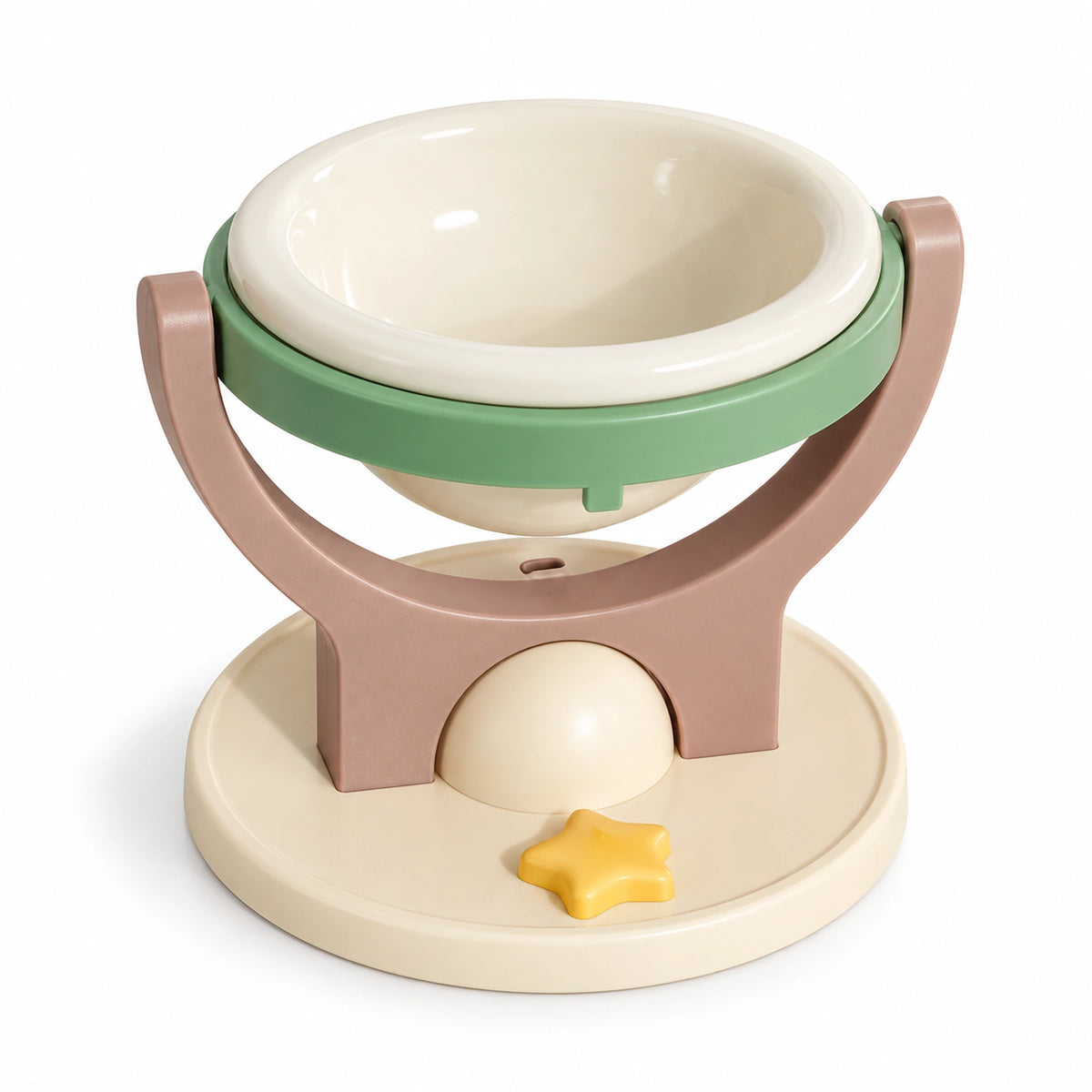 Brown and green floor-standing pet bowl with a removable cream ceramic insert