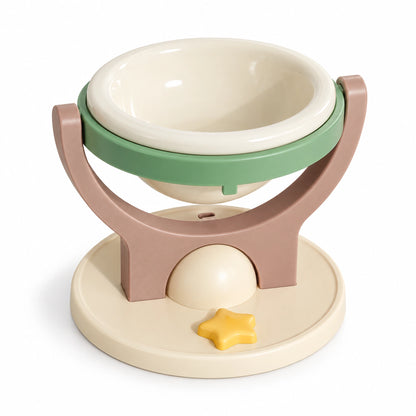 Brown and green floor-standing pet bowl with a removable cream ceramic insert