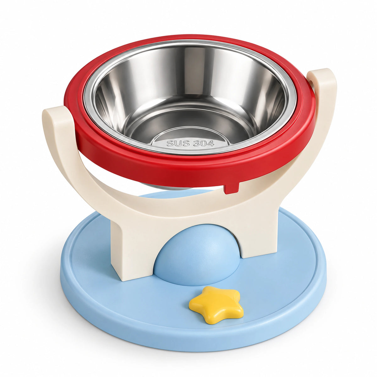 Red and blue floor-standing pet bowl with a 304 stainless steel insert