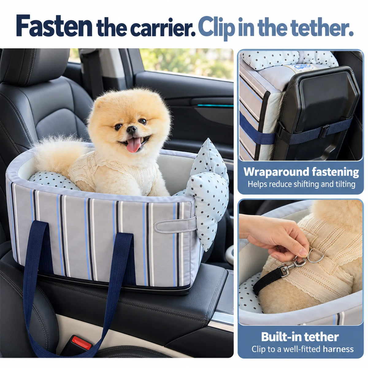 Console fastening strap and built-in metal tether clip demonstrated on the Blue Stripe dog carrier