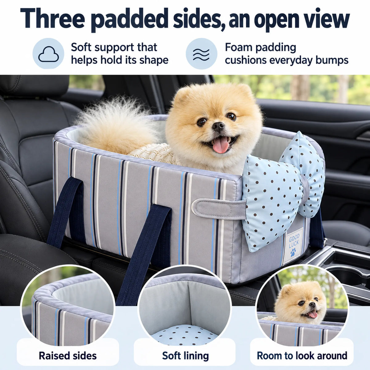 Blue Stripe console dog carrier with a dotted bow-shaped front cushion, three padded sides and soft lining