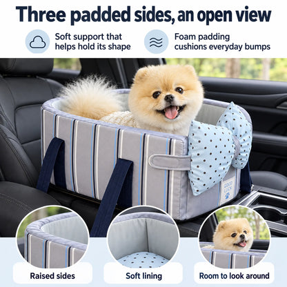 Blue Stripe console dog carrier with a dotted bow-shaped front cushion, three padded sides and soft lining