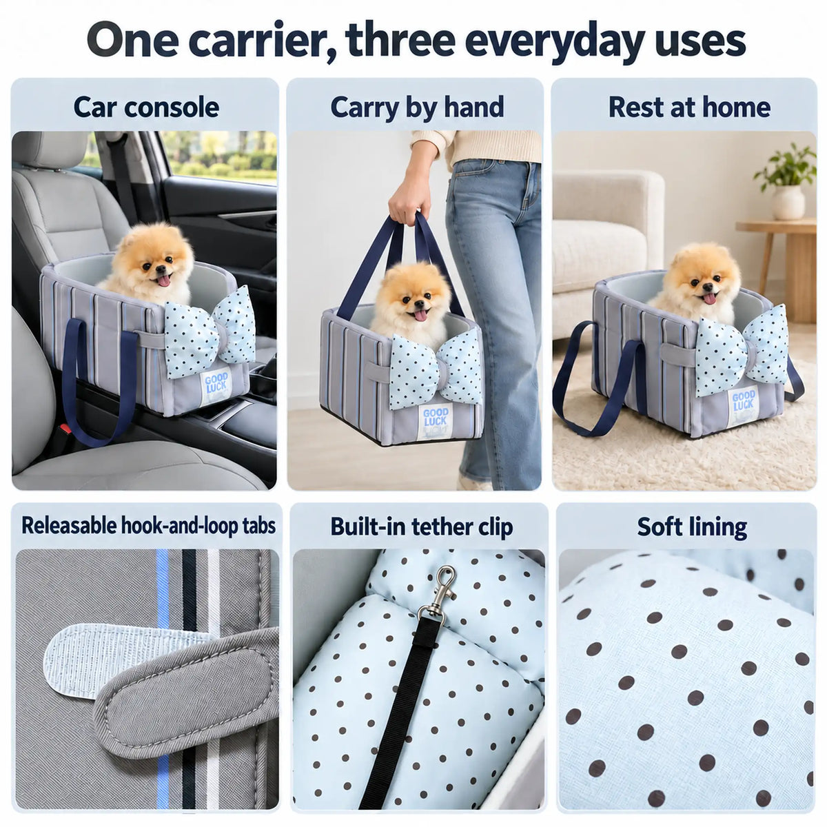 Blue Stripe dog carrier with a dotted bow cushion used on a car console, carried by hand and placed at home