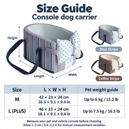 Console dog carrier size guide: M 42 by 23 by 24 cm and L 46 by 23 by 24 cm, with inch and pet weight guidance