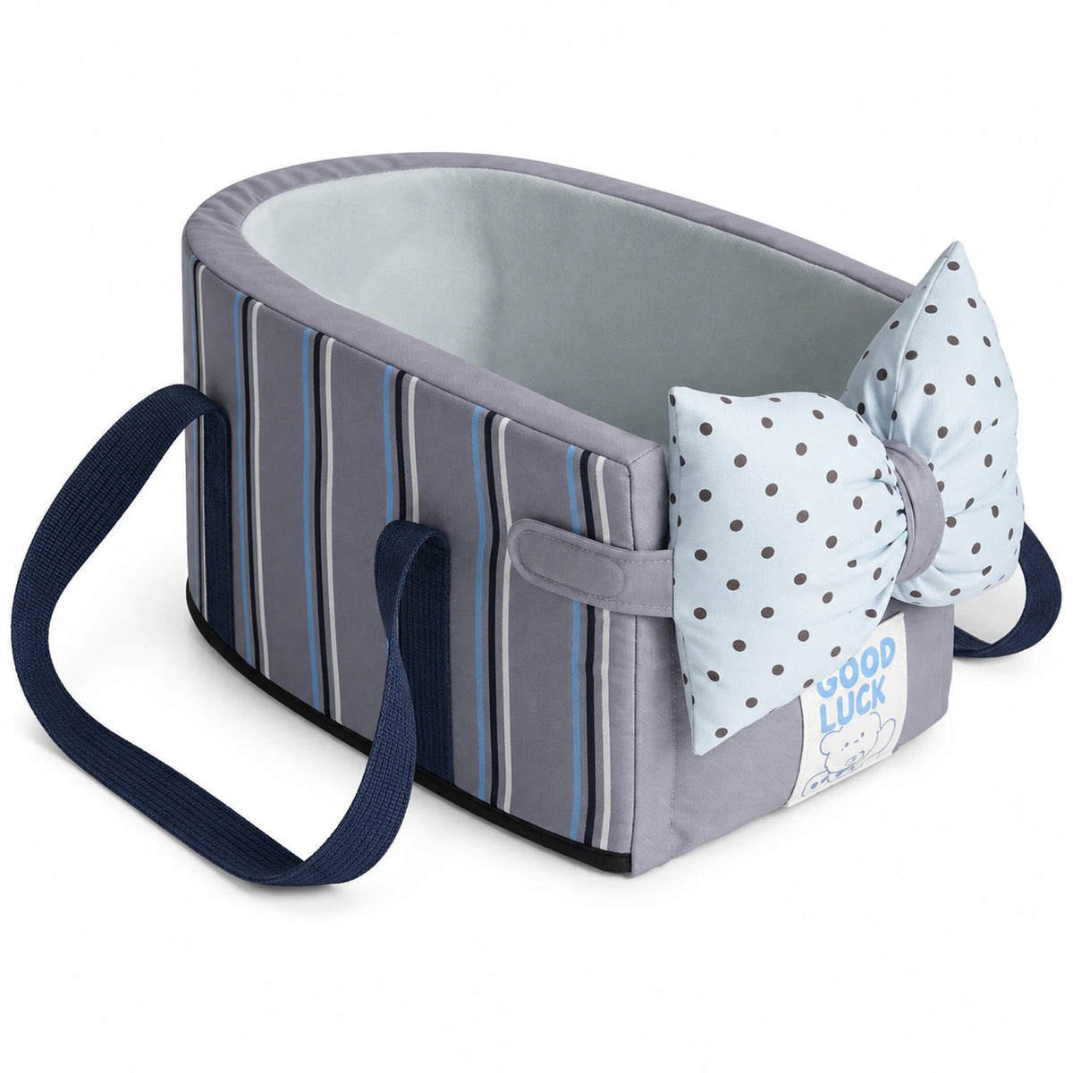Blue Stripe console dog car seat and carrier with navy handles and a pale-blue dotted bow cushion